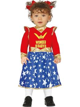Disfraz de Bebé Maravilla - Vestido Rojo y Azul de Super Heroína con Estrellas para Bebé **