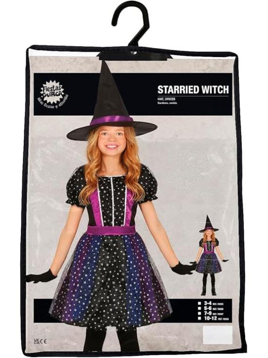 Disfraz de Bruja Estrellas con Purpurina para Niña (Sombrero + Vestido)