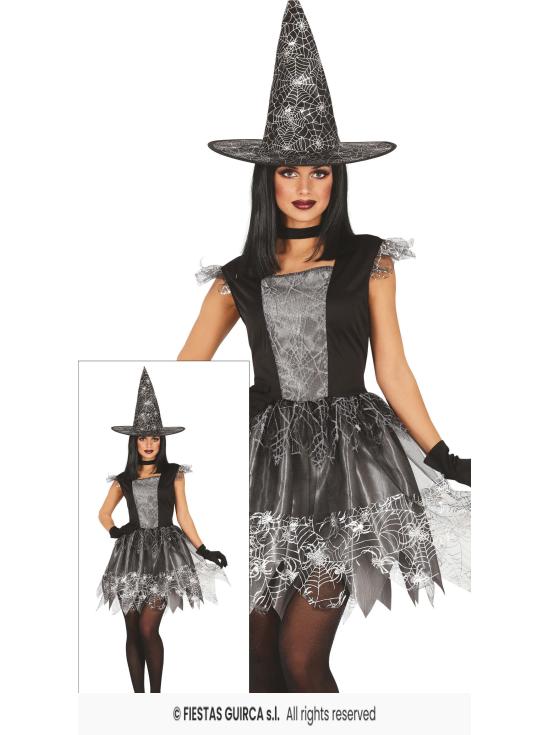 Disfraz de Bruja Telaraña Plateada – Vestido con Sombrero – Disfraz de Halloween para Mujer