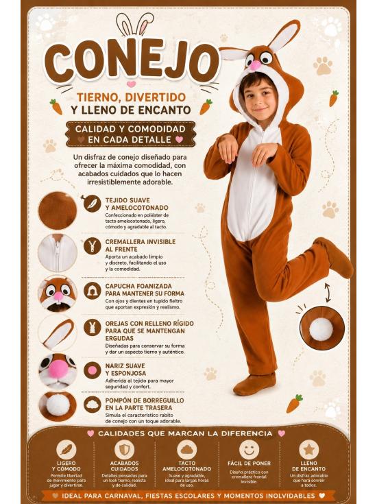 Disfraz de Conejo Infantil | Mono Suave con Capucha y Rabito | DisfracesTuyYo