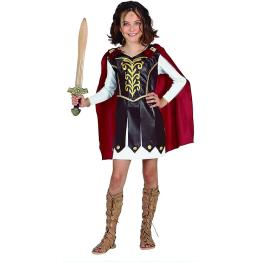 Disfraz de Gladiadora Niña - Vestido con Adornos Dorados y Capa Roja