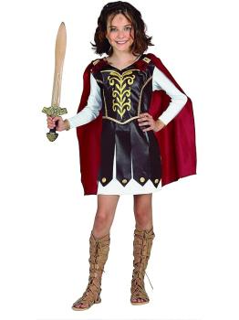 Disfraz de Gladiadora Niña - Vestido con Adornos Dorados y Capa Roja