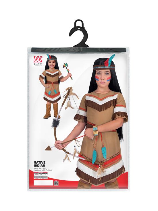 Disfraz de Indio Nativo para Niña – Vestido con Cinturón y Diadema con Plumas