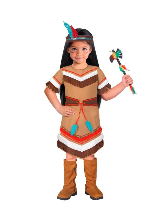 Disfraz de Indio Nativo para Niña – Vestido con Cinturón y Diadema con Plumas
