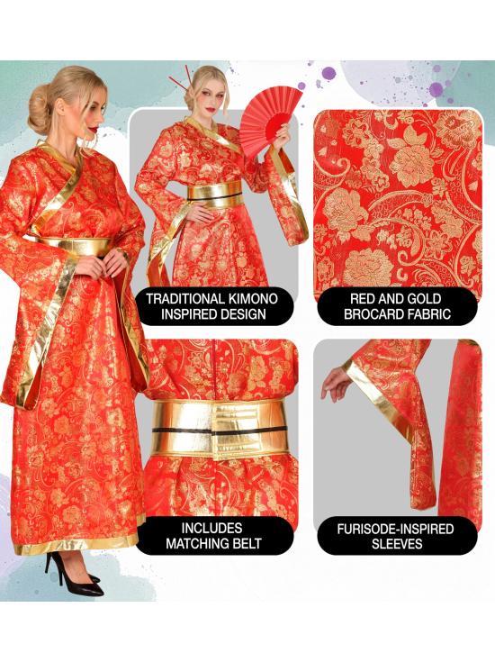 Disfraz de Kimono Japonés Rojo y Dorado para Mujer