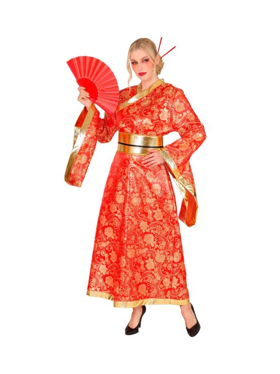Disfraz de Kimono Japonés Rojo y Dorado para Mujer