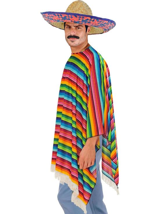 Disfraz de Mexicano para Hombre con Poncho Multicolor y Sombrero