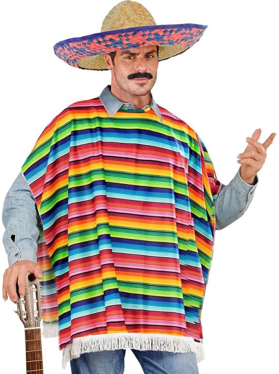 Disfraz de Mexicano para Hombre con Poncho Multicolor y Sombrero