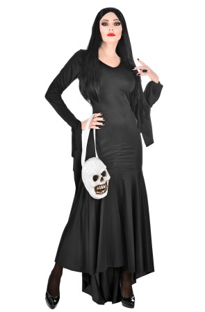 Disfraz de Morticia Familia Addams con bolso
