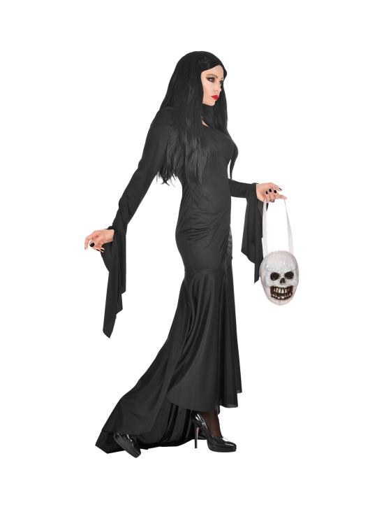 Disfraz de Morticia Familia Addams con bolso