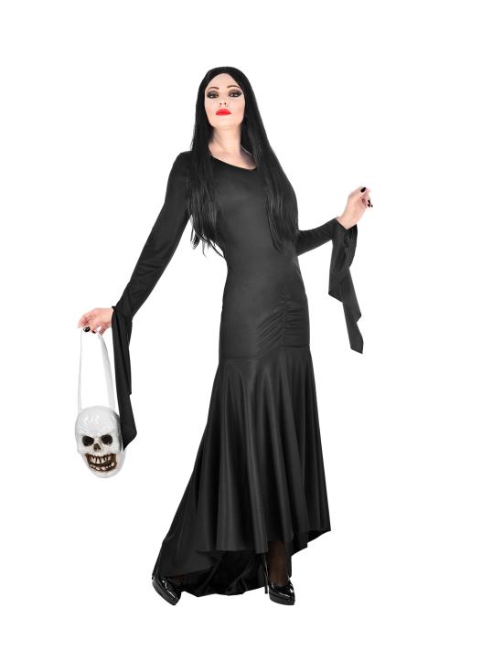 Disfraz de Morticia Familia Addams con bolso