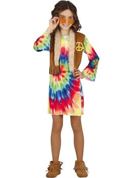 Disfraz de Niña Hippie Vestido Multicolor de Tie-Dye y Chaleco **