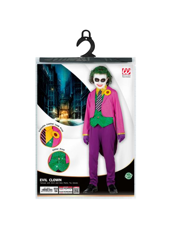 Disfraz infantil Joker – frac con camisa y chaleco, pantalones, corbata y guantes