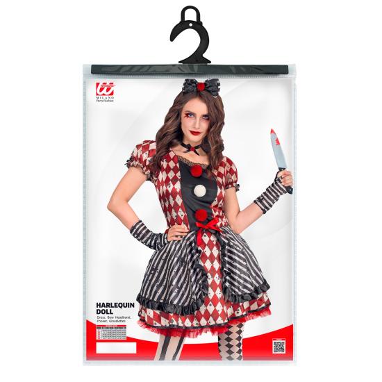 Disfraz “Muñeca Arlequín” para mujer – vestido con lazo, gargantilla y guantes