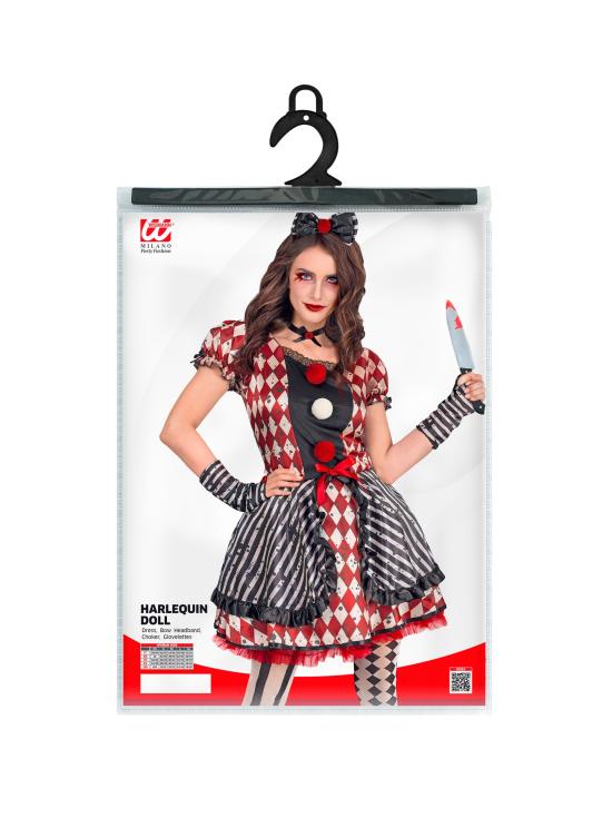 Disfraz “Muñeca Arlequín” para mujer – vestido con lazo, gargantilla y guantes