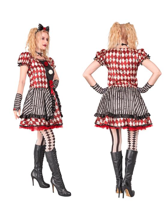Disfraz “Muñeca Arlequín” para mujer – vestido con lazo, gargantilla y guantes