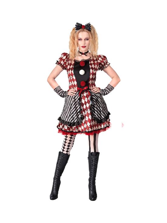 Disfraz “Muñeca Arlequín” para mujer – vestido con lazo, gargantilla y guantes