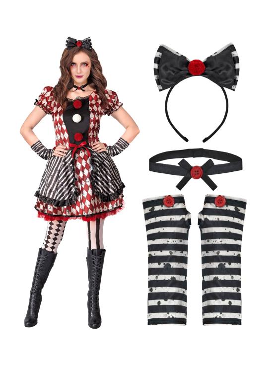 Disfraz “Muñeca Arlequín” para mujer – vestido con lazo, gargantilla y guantes