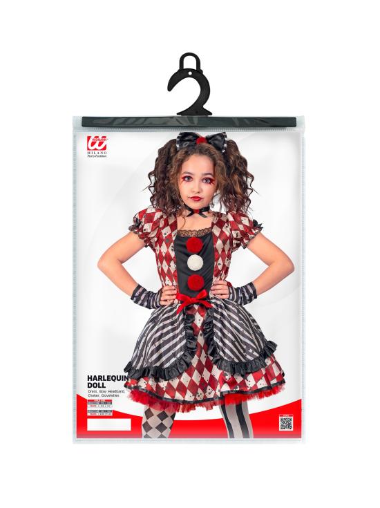 Disfraz “Muñeca Arlequín” para niña – vestido con lazo, gargantilla y guantes