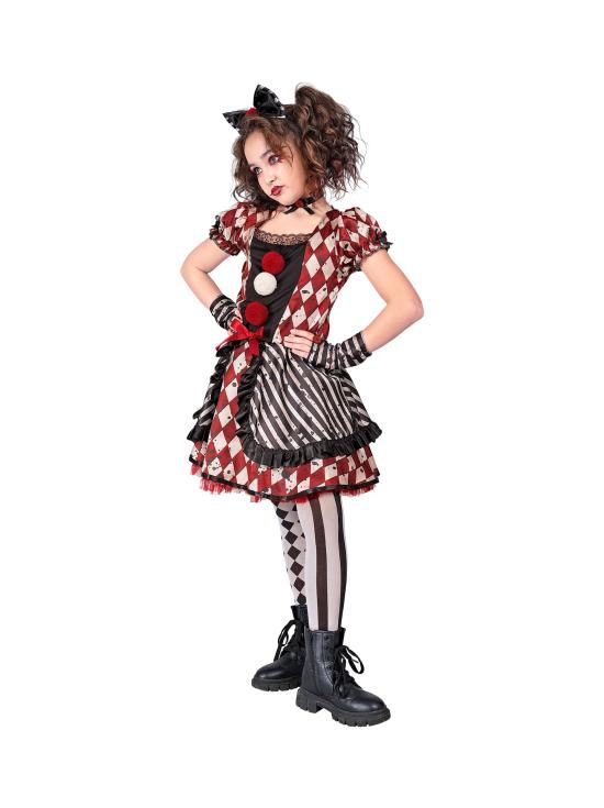 Disfraz “Muñeca Arlequín” para niña – vestido con lazo, gargantilla y guantes