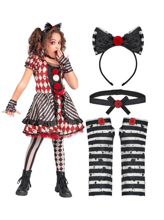Disfraz “Muñeca Arlequín” para niña – vestido con lazo, gargantilla y guantes