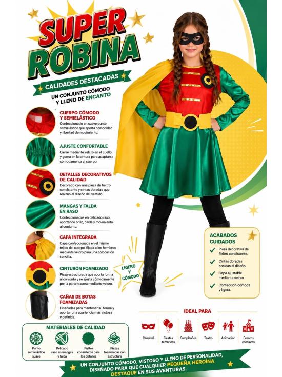 Disfraz de Niña Super Robina con Capa y Cubrebotas | Superheroína Infantil