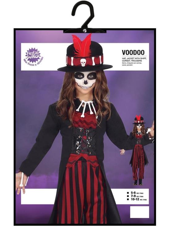 Disfraz Vudú Infantil – Chaqueta, Corset, Pantalón a Rayas, Sombrero con Plumas y Camisa