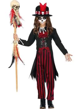 Disfraz Vudú Infantil – Chaqueta, Corset, Pantalón a Rayas, Sombrero con Plumas y Camisa