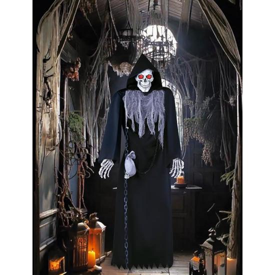 Esqueleto con Túnica Negra y Sonido 250 cm - Decoración de Halloween con Luz y Movimiento