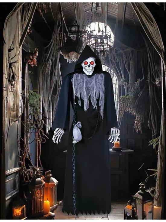 Esqueleto con Túnica Negra y Sonido 250 cm - Decoración de Halloween con Luz y Movimiento