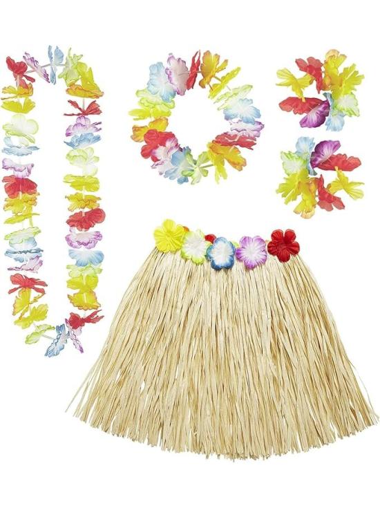 Falda larga hawaiana con top y accesorios.