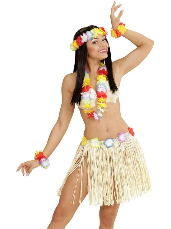 Falda larga hawaiana con top y accesorios.