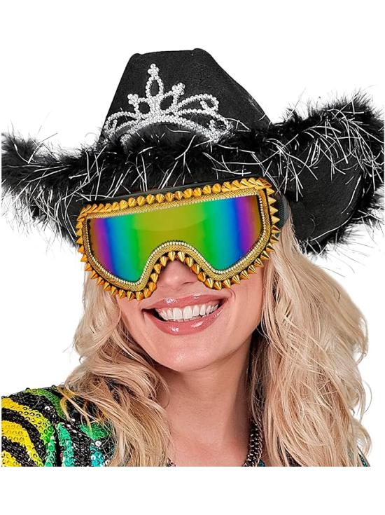 Gafas Espejadas con Tachuelas y Pedrería – Plata u Oro – Accesorio de Carnaval y Festivales