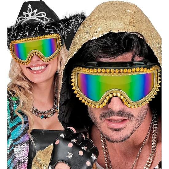 Gafas Espejadas con Tachuelas y Pedrería – Plata u Oro – Accesorio de Carnaval y Festivales