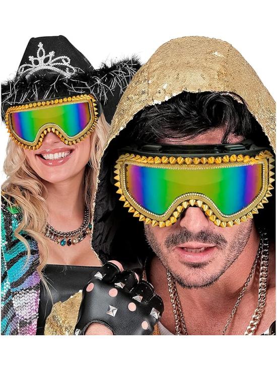 Gafas Espejadas con Tachuelas y Pedrería – Plata u Oro – Accesorio de Carnaval y Festivales