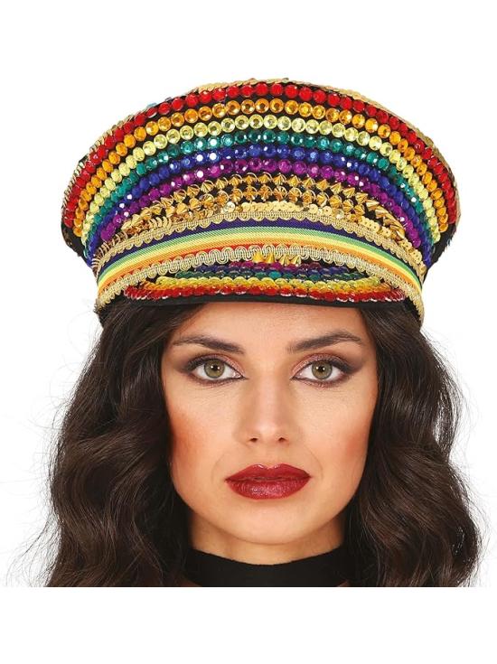 Gorra de Policía Multicolor con Pedrería - Accesorio de Disfraz para Fiestas Pride y Celebraciones