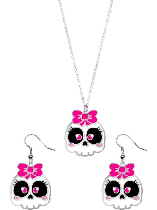 Kit de Collar y Pendientes Calavera con Lazo