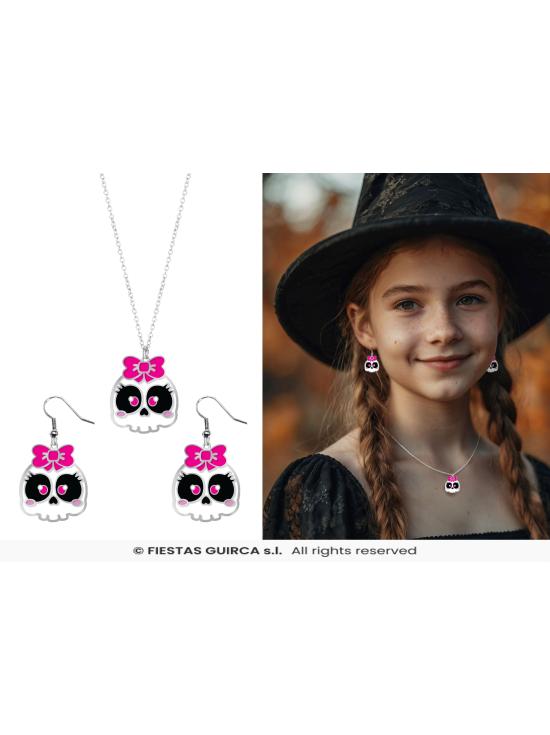 Kit de Collar y Pendientes Calavera con Lazo