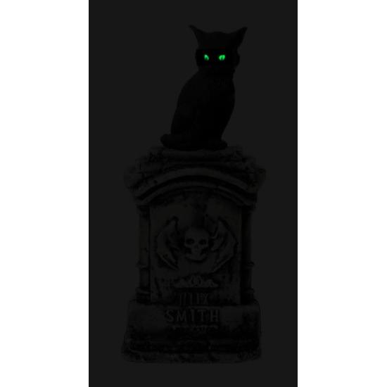 Lápida con Gato Luz y Sonido (90x40 cm) - Decoración de Halloween para Fiestas y Celebraciones - Ideal para Ambientes Terroríficos y Escenarios de Miedo - Gris Negro