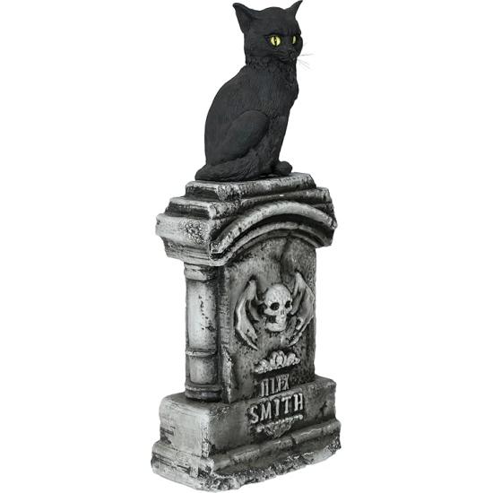 Lápida con Gato Luz y Sonido (90x40 cm) - Decoración de Halloween para Fiestas y Celebraciones - Ideal para Ambientes Terroríficos y Escenarios de Miedo - Gris Negro