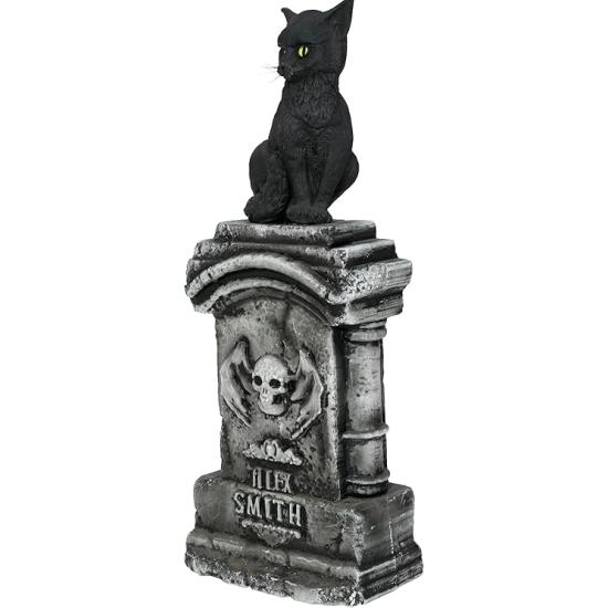 Lápida con Gato Luz y Sonido (90x40 cm) - Decoración de Halloween para Fiestas y Celebraciones - Ideal para Ambientes Terroríficos y Escenarios de Miedo - Gris Negro