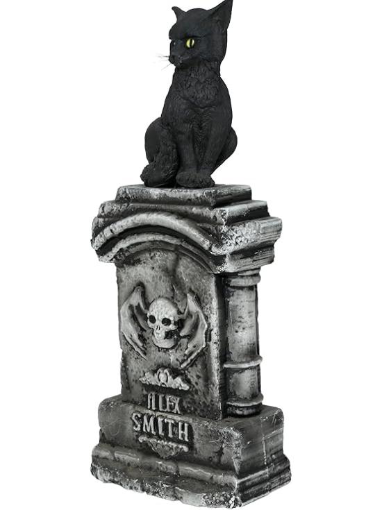 Lápida con Gato Luz y Sonido (90x40 cm) - Decoración de Halloween para Fiestas y Celebraciones - Ideal para Ambientes Terroríficos y Escenarios de Miedo - Gris Negro