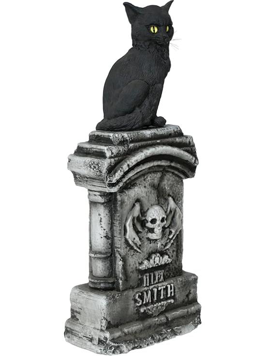 Lápida con Gato Luz y Sonido (90x40 cm) - Decoración de Halloween para Fiestas y Celebraciones - Ideal para Ambientes Terroríficos y Escenarios de Miedo - Gris Negro