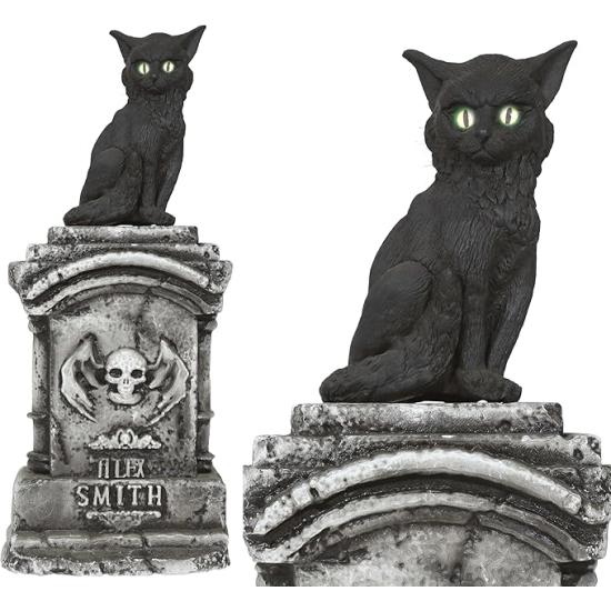 Lápida con Gato Luz y Sonido (90x40 cm) - Decoración de Halloween para Fiestas y Celebraciones - Ideal para Ambientes Terroríficos y Escenarios de Miedo - Gris Negro
