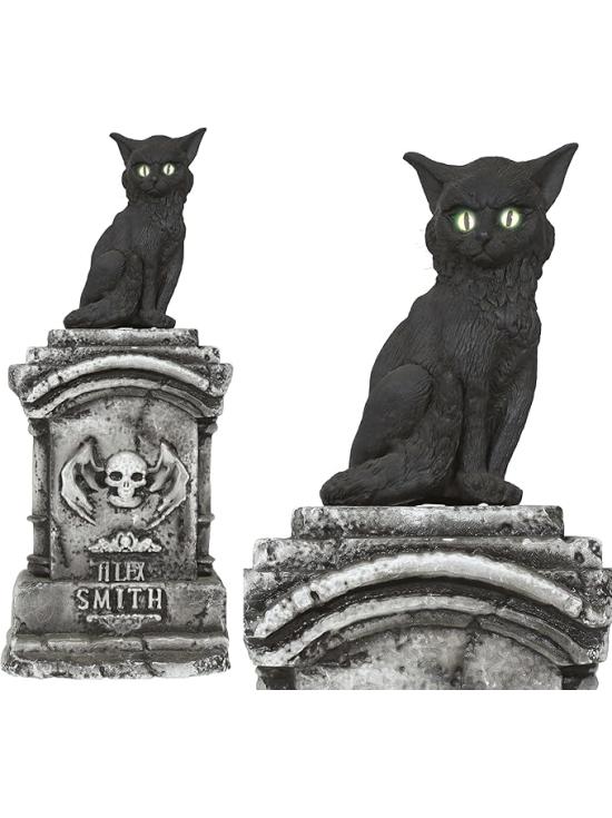 Lápida con Gato Luz y Sonido (90x40 cm) - Decoración de Halloween para Fiestas y Celebraciones - Ideal para Ambientes Terroríficos y Escenarios de Miedo - Gris Negro