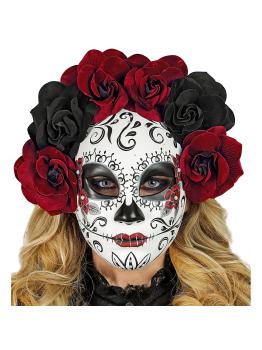 Máscara Día de los Muertos con Rosas Negras y Burdeos para Mujer