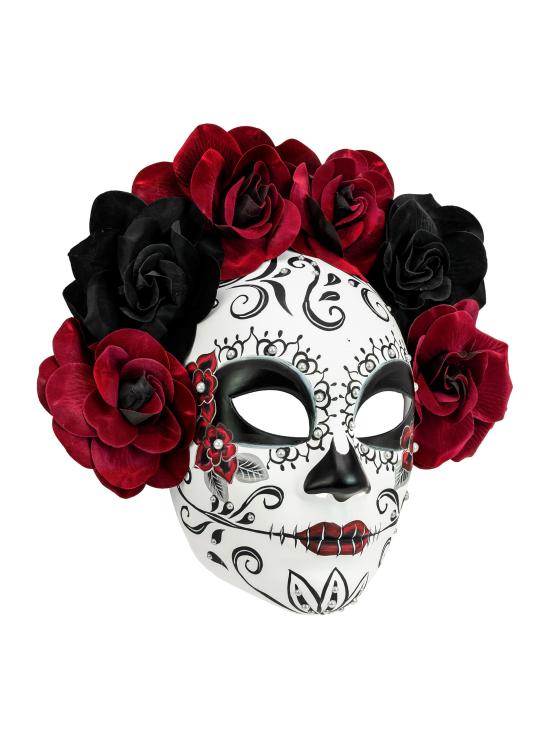 Máscara Día de los Muertos con Rosas Negras y Burdeos para Mujer