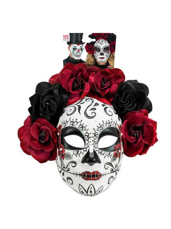 Máscara Día de los Muertos con Rosas Negras y Burdeos para Mujer