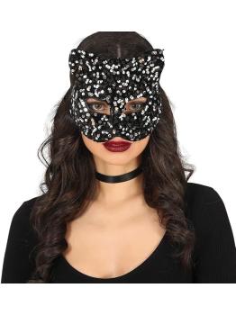 Máscara de gato con lentejuelas plateadas – Accesorio de disfraz – Cosplay para Halloween – Tema(s):