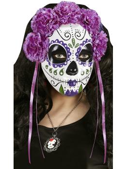 Máscara Dia de Los Muertos decorada Rosas Moradas